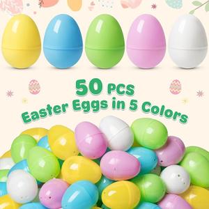 V-Opitos 50 PCS Plastic Easter Eggs, 2.4'' Bulk Empty Easter Eggs in 5 Colors, Hinged Fillable Eggs for Easter Egg Hunt, Perfect Basket Stuffers, Easter Party Favor for Kids