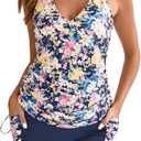 Halcurt Women's Two Piece Swimsuits Tankini Sets with Shorts and Pocket Tummy Control Drawstring Bathing Suit (M)
