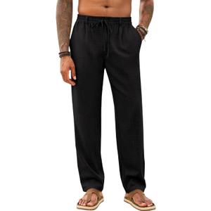 Runcati Mens Linen Pants Summer Beach Casual Pajama Pants with Pockets | Elastic Waist Drawstring, Faux Linen, Loose Straight Leg, Lightweight, Casual Wear, Streetwear, Party, Yoga, Lounge Trousers (XXL)
