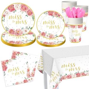 Zhehao 170 Pcs Bridal Shower Plates and Napkins Gold Miss to Mrs Floral Disposable Paper Tableware Set of 24 Includes Plates Napkins Cups Tablecloth Knife Fork for Wedding Bridal Shower Party Decor (Pink)