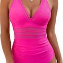 BMJL Women's Tummy Control Swimsuits Mesh Sexy One Piece Bathing Suits Slimming V Neck Swimwear (Large, Hot Pink)