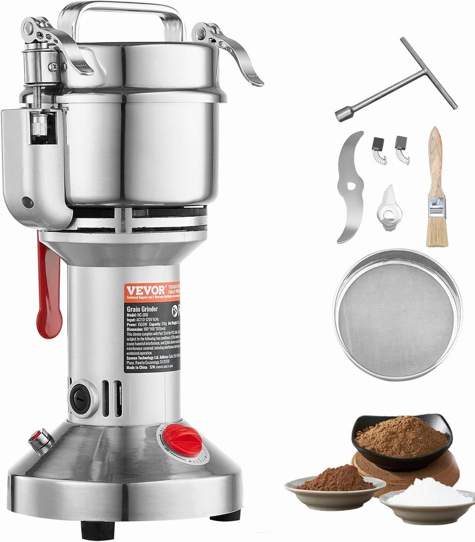 VEVOR 300g Electric Grain Mill Grinder, High Speed 1500W Commercial Spice Grinders, Stainless Steel Pulverizer Powder Machine, for Dry Grains Spices Cereals Coffee Corn Pepper, Straight Type