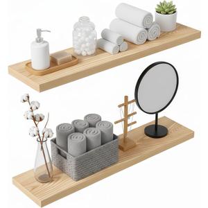 Lufia Floating Wall Shelves, Set of 2, MDF with Invisible Brackets, Modern Storage for Bedroom, Bathroom, Living Room, Kitchen (Oak, 32" W x 7" D x 1.5" H)