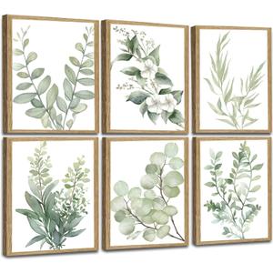 Induslyfe Framed Eucalyptus Sage Green Botanical Plant Wall Art Canvas Decor Set Of 6, Leaves Wall Art Prints Posters Art, Eucalyptus Decor Flower Wall Art For Bathroom Bedroom Living Room Decor 9x12
