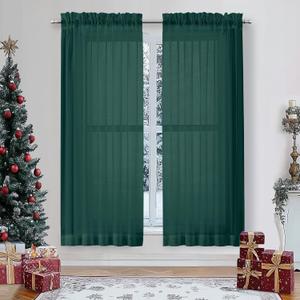 OWENIE Sheer Curtains 63 inch Length 2 Panels Set, Light Weight Soft Solid Light Filtering Fimly Sheer Curtains for Bedroom Living Room, Rod Pocket Window Treatments, Hunter Green, 42Wx63L Inch