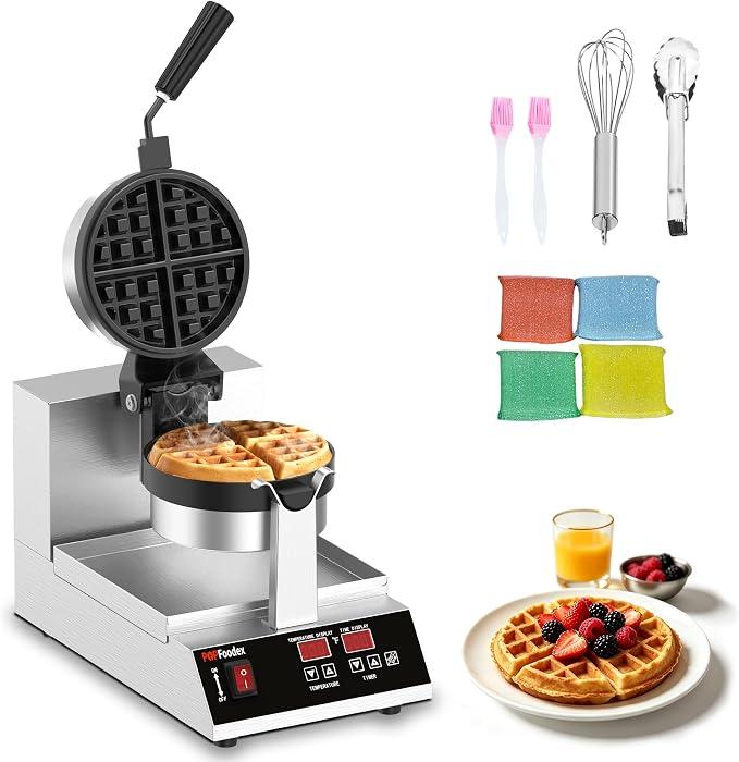 Commercial Belgian Waffle Maker –1200W Rotating Flip Waffle Maker, Non-Stick and Adjustable Temp (122–572°F) w/Timer, Stainless Steel & Intelligent Round Waffle Maker, for Restaurants