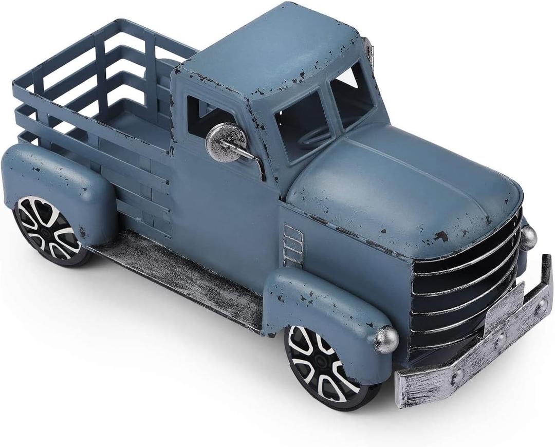 Blue Truck Decor Metal Small Cute Farm Car Decor Vintage Tree Flowers Handcrafted Decor Blue Metal Car Gift Boxes Pickup Truck Model