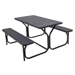 Giantex Picnic Bench Set Outdoor Camping All Weather Metal Base Wood-Like Texture Backyard Poolside Dining Party Garden Lawn Deck Large Picnic Tables for Adult (Black)