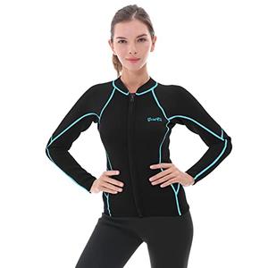 GoldFin Womens Wetsuit Top, 2mm Neoprene Wetsuit Jacket Long Sleeve Front Zip Wetsuit Shirt for Swimming Water Aerobics Diving Surfing Kayaking (Update Black/ Aqua Stripes, XL)