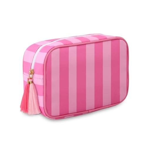 EMBRUNIOICE Stripe Makeup Bag Travel Cosmetic Bag Organizer Tassel Toiletry Bag Large Canvas Zipper Pouch and Mahjong Tile Bag (Pink with Hot Pink)