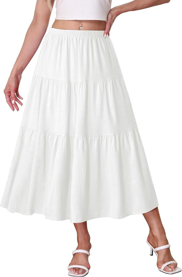 Kingfancy Women's Boho Midi Skirt A-Line Ruffle Elastic High Waist Tiered Flowy Skirts (White, M)