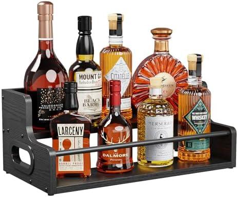 KLM Liquor Bottle Display Shelf, Coffee Syrup Rack Organizer, 2 Step Countertop Liquor Wine Rack, Mini bar,Liquor Cabinet, Home Retro Bar Shelf Stand for Liquor Whiskey, Spirits, (Black)
