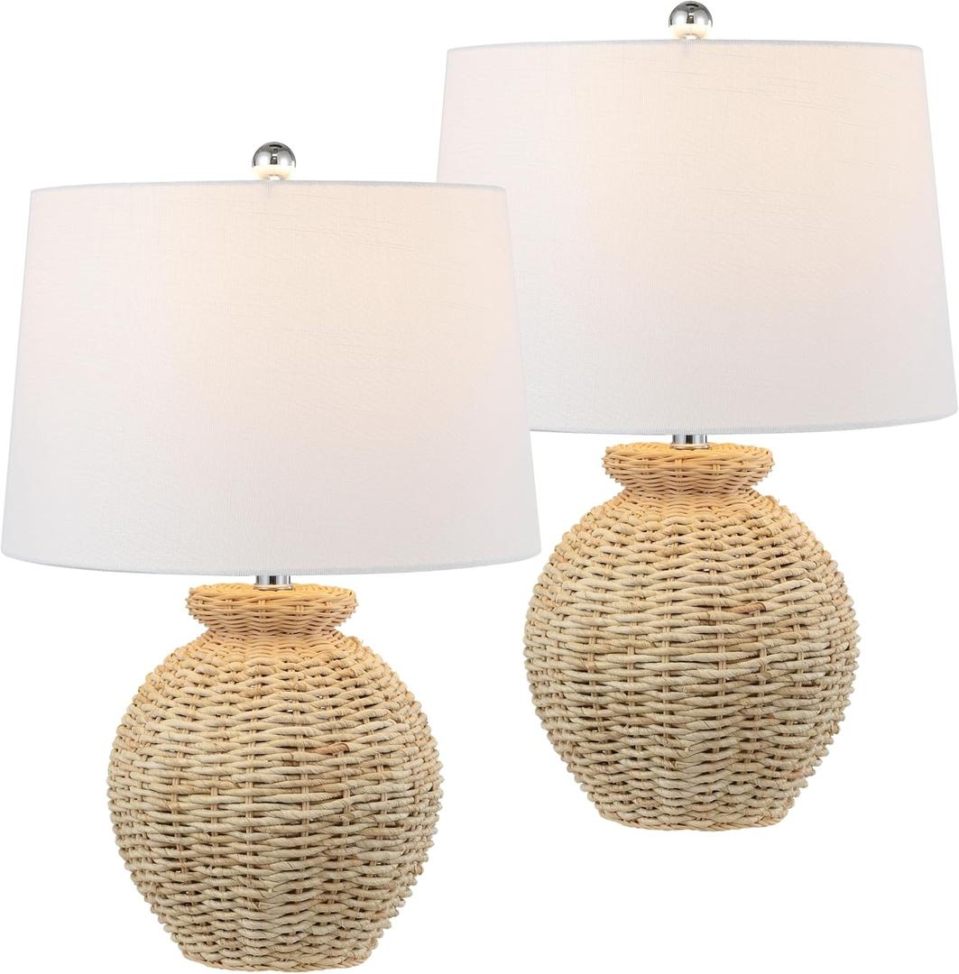 JONATHAN Y 22" Brown Rattan Rustic Coastal Table Lamp Set of 2, Woven Wicker Globe Base with White Linen Shade for Living Room Bedroom, UL Listed, LED Bulbs Included JYL4050A-SET2