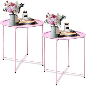 Garden 4 you End Table 2 PCS Metal Side Table Pink Round Folding Tray Cyan Sofa Small Accent Fold-able Table, Round End Table Tray, Next to Sofa Table, Snack Table for Living Room and Bed Room, Pink