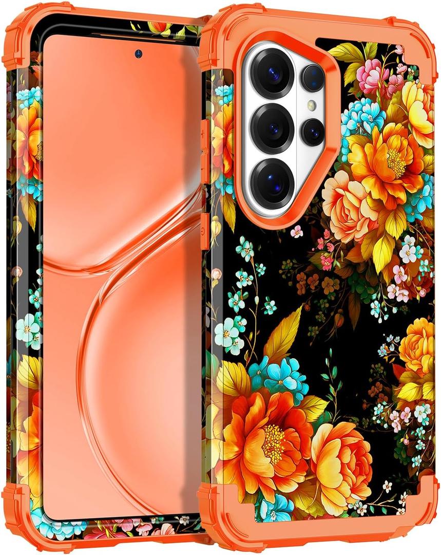 Casetego for Galaxy S26 Ultra Case,Three Layer Heavy Duty Sturdy Shockproof Protection Full Rugged Hard PC+Soft TPU Bumper Protective Girls Case for Samsung Galaxy S26 Ultra 5G 6.9 inch,Orange Flower