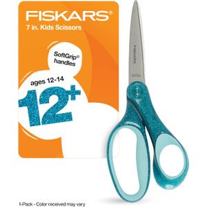 Fiskars 7" SoftGrip Student Glitter Scissors (1-Pack) for Kids Ages 12-14, Scissors for School or Crafting, Back to School Supplies