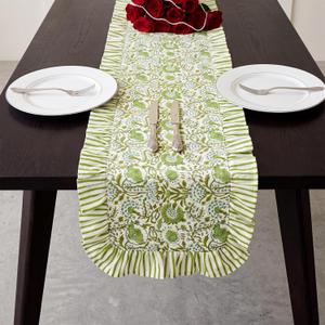 Green Floral Ruffle Table Runner 72 x 16 Inch Block Print Table Runner Boho Vintage Chinoiserie Tablecloth for for Festive Wedding Home Farmhouse Party Decor(Agate Green)