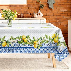 Spring Summer Tablecloth 60120 inch, Waterproof Blue Lemon Tablecloth Washable, Stain Resistant Cloth Table Cover for Party Picnic Dinner Decor (Lemon)