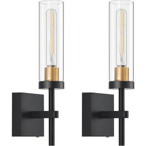 Wireless Wall Sconces with Remote Control, Battery Operated Wall Sconce Set of 2, Black & Gold Rechargeable Dimmable Wall Light for Bedroom Living room Bathroom Hallway Entryway Stairwell, 3000K (Battery 16 Inch)
