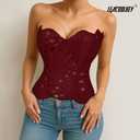 LEACOOLKEY Lacework Corset Top for Women Sexy Textured Sheer Floral Lace Bustier Going Out Lace-up Corset Overbust Top (Red, XL)