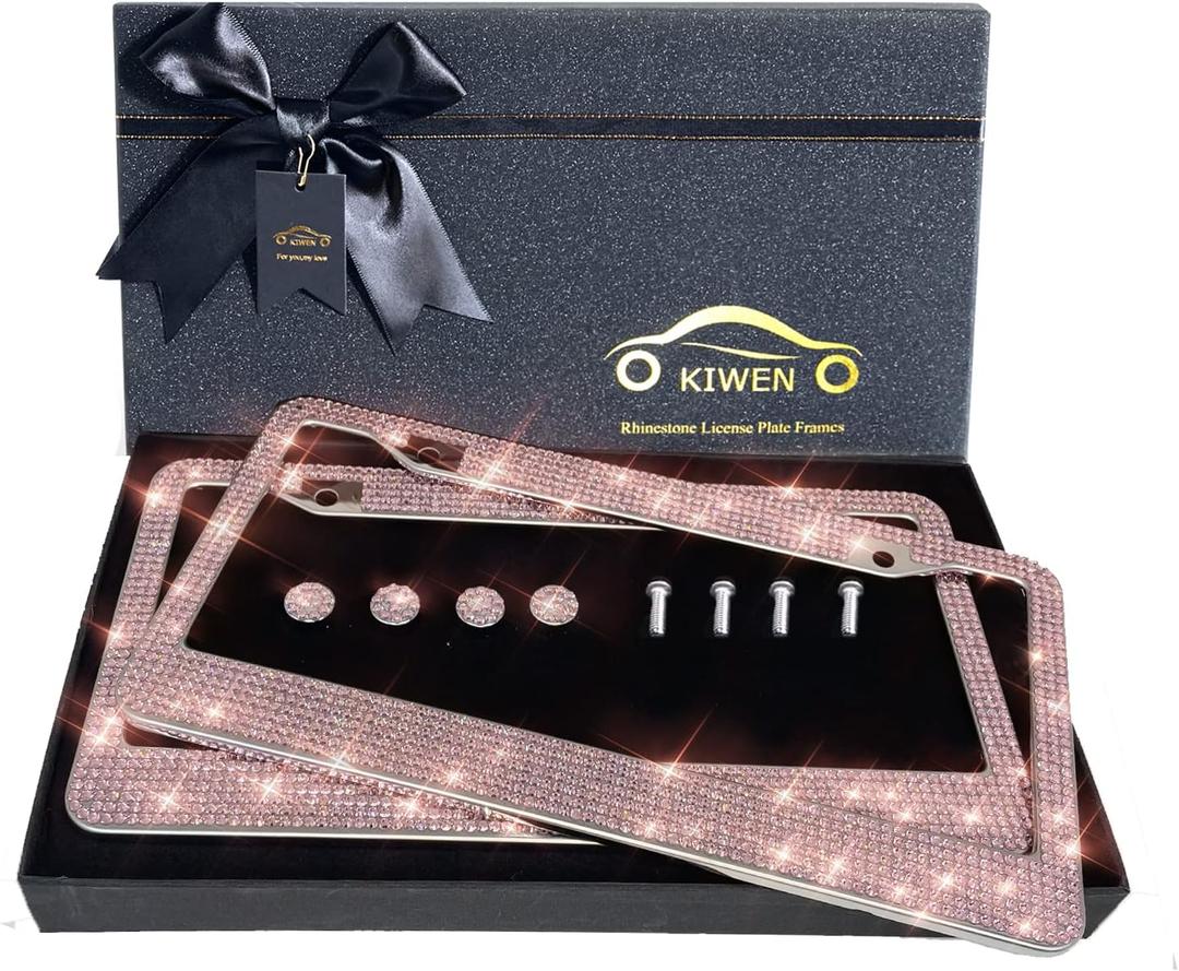 Bling License Plate Frames with High End Ribbon Gift Box,2 Pack Rhinestone License Plate Frame,Handcrafted Crystal Premium Stainless Steel Bling License Plate Frame for Women,Party,Birthday,Xmas Gift