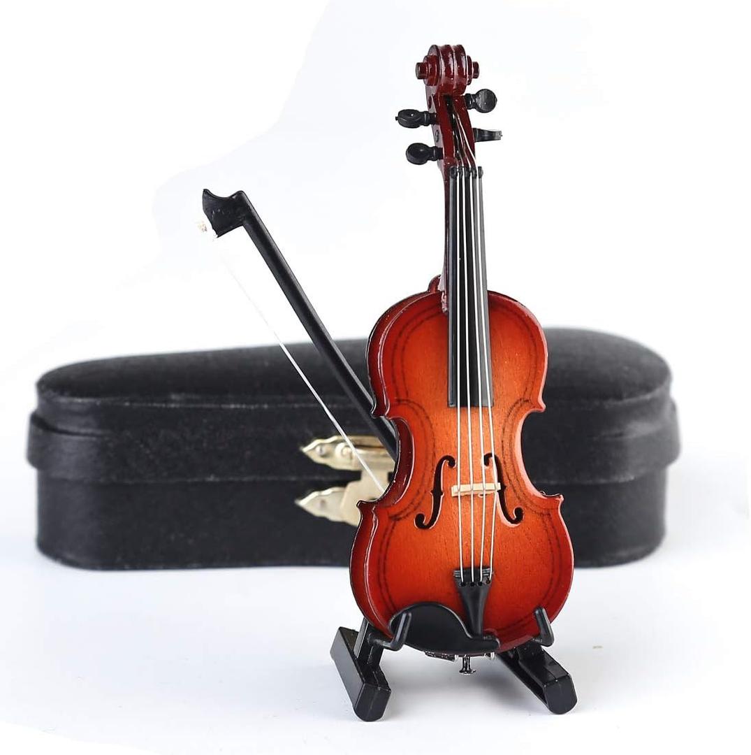 Dselvgvu Wooden Miniature Violin with Stand, Bow and Case Mini Violin Musical Instrument Replica Collectible Figurines Collection Decorative Ornament Dollhouse Accessories Model (3.93"x1.56"x0.62")
