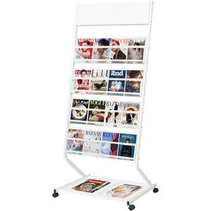 4-Tier Floor Standing Magazine Rack with Wheels, Brochure & Literature Display Stand, 23.4-Inch Width, White