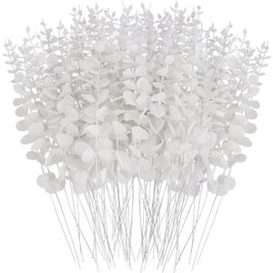 FEQO 72 Pcs White Eucalyptus Stems Artificial Leaves Faux Eucalyptus Stems Branches 15 inch for Wedding Bouquet Home Decor