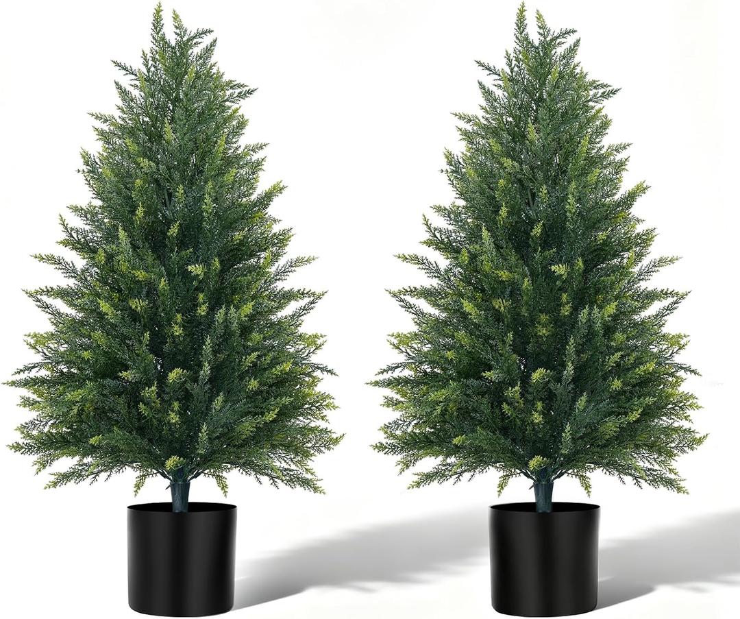 3FT Artificial Topiary Cedar Trees, 2Pack Faux Plants with Pot