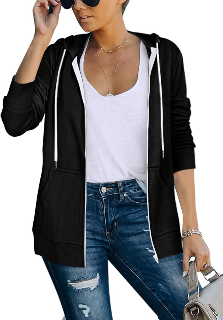 Saloogoe Lightweight Zip Up Hoodies for Women Hooded Sweatshirts Long Sleeve Thin Jacket with Zipper (Small, 01-black)
