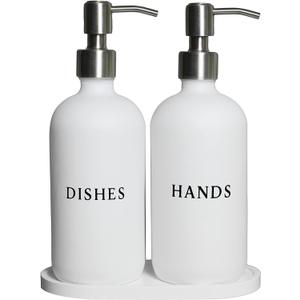 White Glass Hand and Dish Soap Dispenser Set - Modern Farmhouse Sink Accessories - 16 oz Kitchen Sink Set With Tray, Stainless Pumps & Funnel