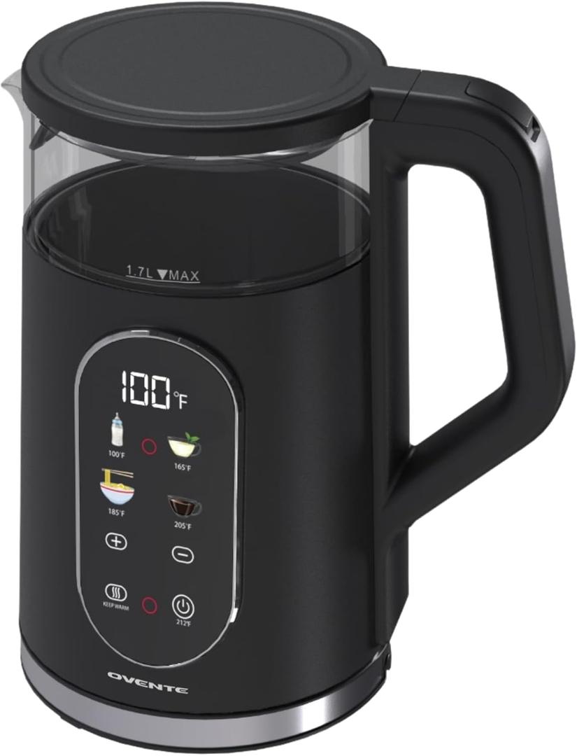 OVENTE Electric Kettle, 1.7L Fast Boiling Water Heater with Digital Touchscreen, Double-Wall Cool Touch Exterior, 5Hr Keep Warm, Auto-Shut Off, Boil-Dry Protection and Borosilicate Glass, Black KD96B