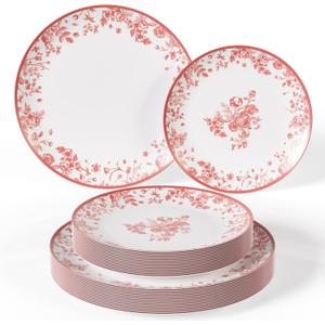 Trendables Disposable Plates For Party Supplies | Pink Floral Plastic Plates For Wedding 40 Pcs - 20 X 8 & 20 X 10 Dinner Plate Sets | Floral Plate Set Disposable Plastic Dinnerware Sets