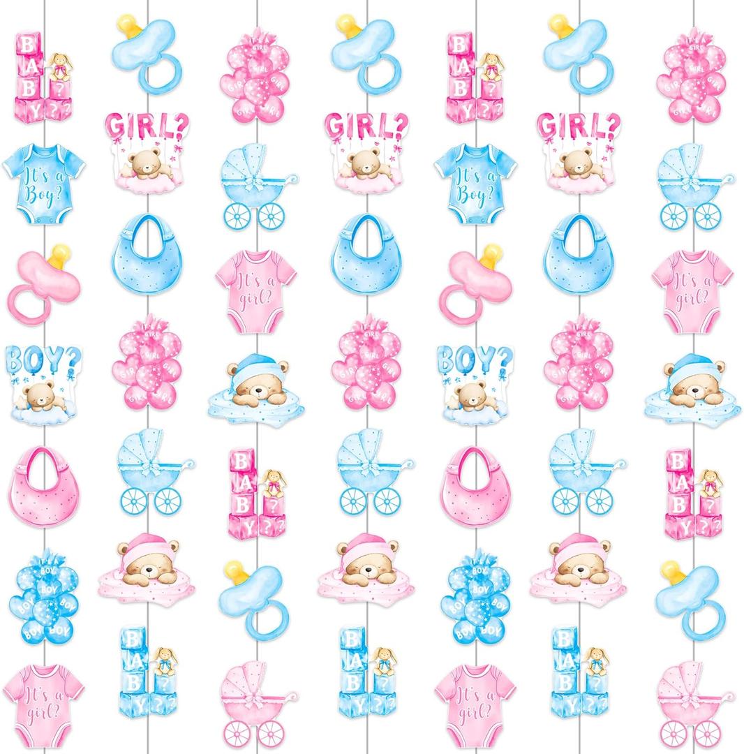 Gender Reveal Party Garland 8PCS Boy or Girl Baby Shower Decorations Pink and Blue Bodysuits Hanging Garland Banners Baby Outfit Scarf Pacifier Ceiling Decor for Jumpsuit Birthday Party Supplies