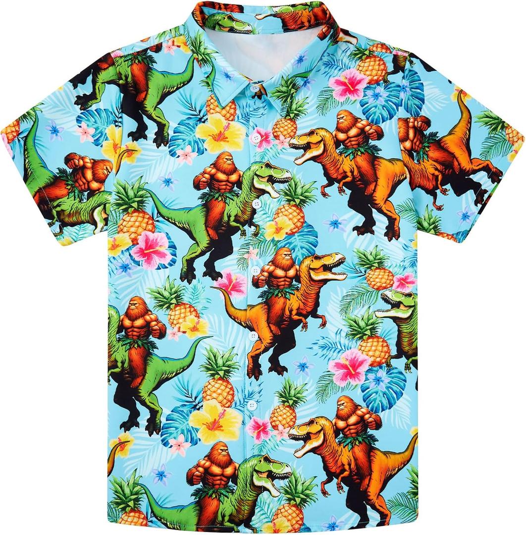 westwolf 7-14T Boys Button Down Hawaiian Shirts 3D Printed Short Sleeve Cool Top Shirt (13-14 Years, Brown Green-1)