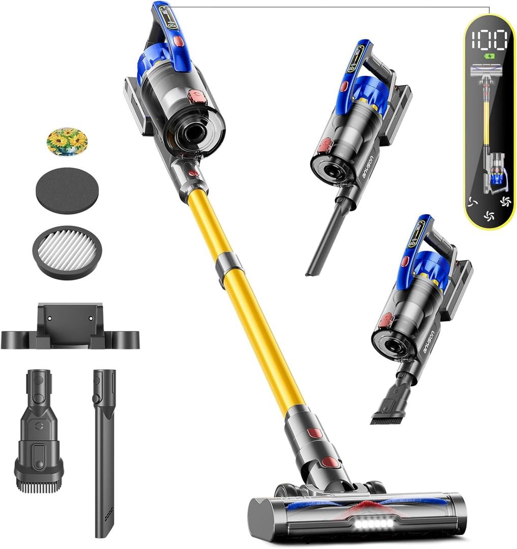 Cordless Vacuum Cleaner, 45Kpa 550W Vacuum Cleaners for Home, Max 70Mins Cordless Stick Vacuum with LED Screen, Dual Handle Anti-Tangle Rechargeable Vacuum for Hard Floors/Pet Hair/Carpet