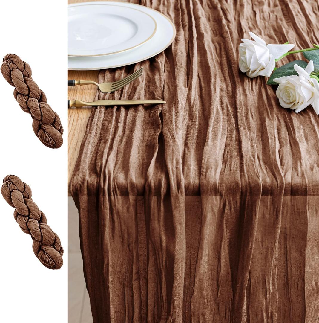 2PCS Table Runner Cheesecloth 10FT Brown Boho Gauze Cheese Cloth Rustic Sheer Table Runners for Wedding Bridal Baby Shower Party Decoration