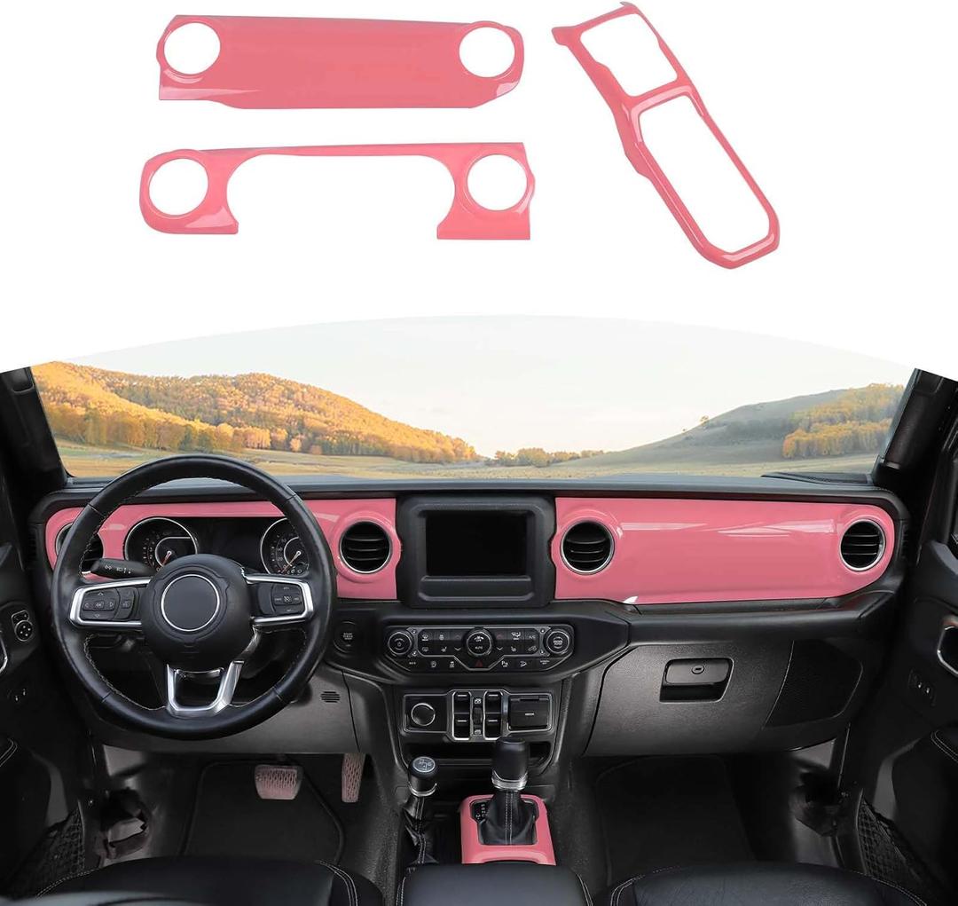RT-TCZ for Wrangler JL Dash Trim Cover Pink, Gear Shift Panel Trim Frame for Jeep Wrangler JL JLU Gladiator JT 2018-2023 Pink Interior Accessories 3pcs