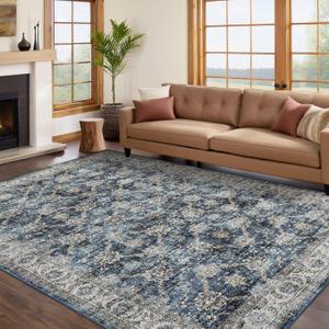 GarveeHome Large Area Rug 9x12 Washable Vintage Floral Rug for Bedroom Low Pile Distressed Throw Rug Non Slip Soft Foldable Floor Cover for Living Room Home Nursery Office, Blue