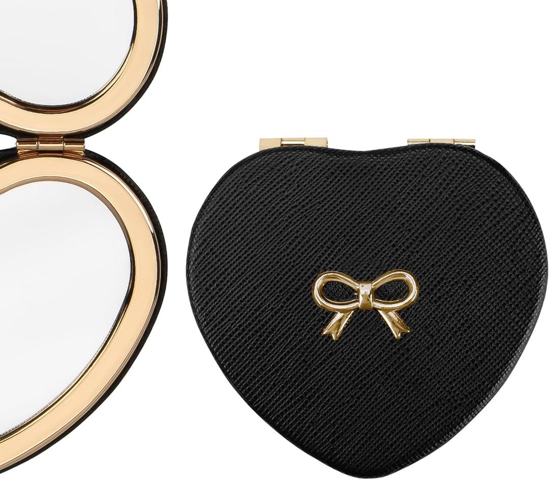 Compact Mirrors, Leather Folding Travel Mirror for Purse, Double Sided Handheld Mirrors, Portable Heart Shape Makeup Mirrors Gift for Girls Women Mothers (Black) (Bow)