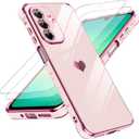 LeYi for Samsung Galaxy A26-5G Phone Case: with Tempered Glass Screen Protector [2 Pcs]+ Full Camera Lens Protection, Love Heart Plating Women Luxury Soft TPU Shockproof A 26 Case, Pink
