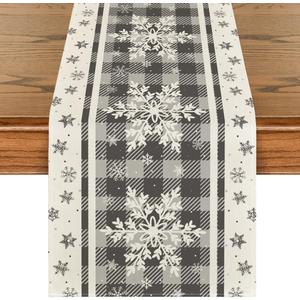 Artoid Mode Grey Buffalo Plaid Snowflakes Christmas Table Runner, Seasonal Winter Kitchen Dining Table Decoration for Home Party Decor 13x108 Inch (Silver)