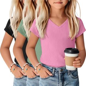 3 Pack Girls Shirts Kids V Neck Short Sleeve Ribbed Knit Tunic Tops Slim Fit Casual Cute Basic Summer Solid Tee