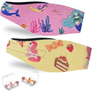 Swimming Headband for Kids - 2 Pairs Waterproof Ear Plugs & Adjustable Swim Ear Band,Keep Water Out and Hold Earplugs in - Water Headband for Surfing, Diving, Pool, Showering, and Beach (1 Count (Pack of 4), 4-16 Years/Kids---mermaid + Unicorn)