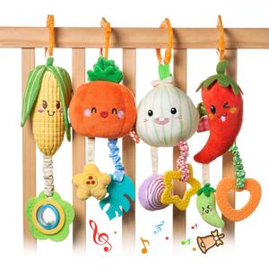 TUMAMA Hanging Baby Toys, 4 Pack Vegetable Crib Stroller Baby Gym Mobile Plush Toys, Early Baby Cognitive Sensory Hanging Rattle Toys with Teether. Suitable for Babies 0, 3, 6, 9, 12 Months