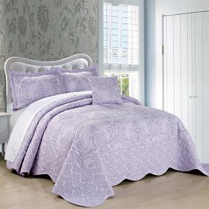 Home Soft Things Damask 4 Piece Bedspread Set, Scalloped Edge Reversible Coverlet Comforter Prewashed Bedding Set, Matelasse Embossed Floral Solid Pattern,Lavender Fog Oversize Queen(110" x 120"), Oversized Queen 110" X 120"