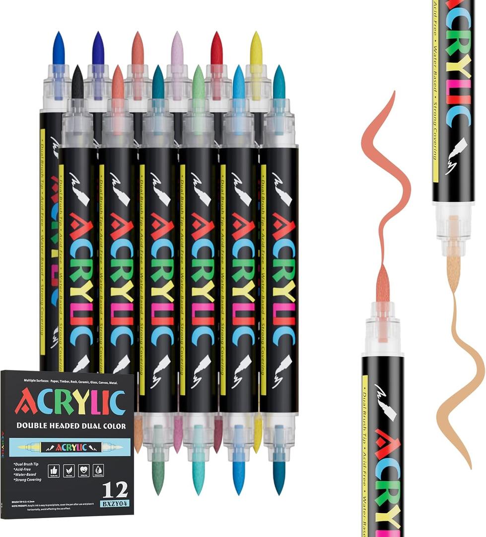 24 Colors Acrylic Marker With Double Brush Tips Automatic Ink Control, Water Based Ink Paint Markers For Rock, Wood, Ceramic, Glass, Stone, Fabric, DIY Crafts Textile & Art Supplies 12PCS