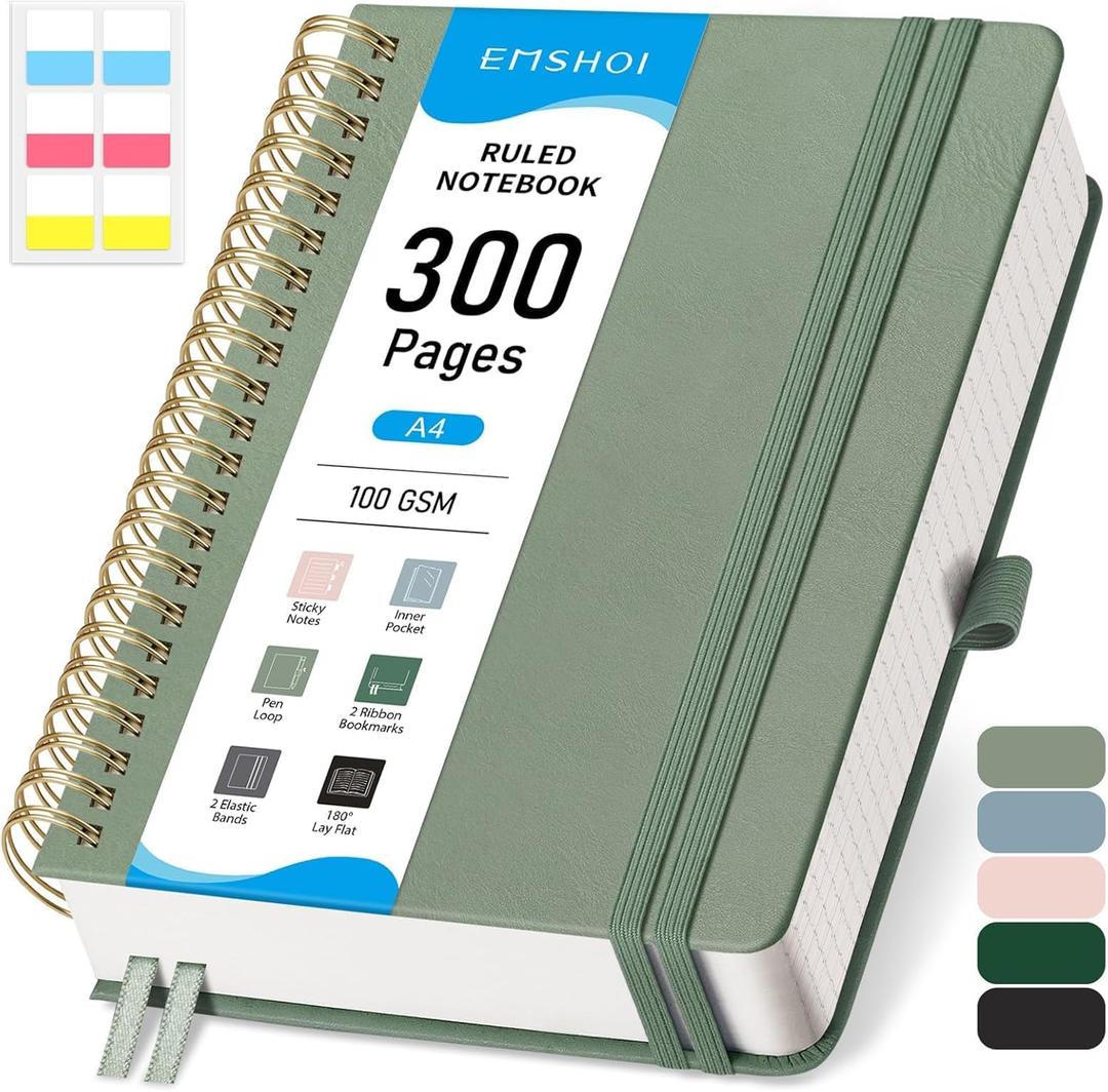 EMSHOI A4 Spiral Notebook College Ruled, Large 8.27"x11.2", Thick 300 Numbered Pages 100GSM Ink-Proof, Faux Leather Hardcover Lay-Flat Lined Journal for Work Office School Writing, Light Green
