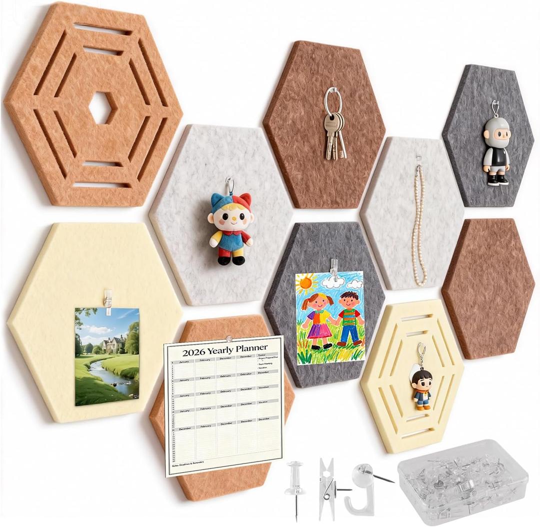 10 Pcs Hexagon Bulletin Board,11.8x10.23x0.47inch Self-Adhesive Felt Bulletin Board Tiles Pinboard Boho Home Office Wall Decor Pin Display Boards for Vision Photo Memo (40 Push Pins,10 Clips,10 Hooks)