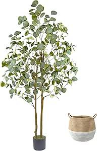 Artificial Eucalyptus Tree, 5ft Tall Fake Eucalyptus Plant with Woven Basket, 60'' Silk Leaves Faux Tree for Indoor Home Office Livingroom Garden Floor Décor
